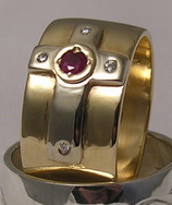 Non-Native Rings Stones - NNrcSt gold on gold cross with 3mm Ruby and 4 - .02ct diamonds