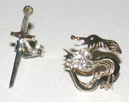Non-Native Earrings - ERnn6 sword and dragon studs in gold and silver