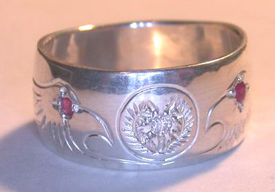 Cherokee Rings - CHr7a - Engraved Cherokee symbol with Eagle heads and Ruby Eyes
