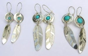 Dangly Earrings - ERn32- 8mm turquoise cabs on disc and feathers , then 3mm, 5mm and 7mm.