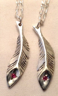 Feather Pendants - PenC23 - Feathers - cast with a 2.5mm ruby in tip