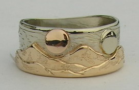 Appliqued Mountain Rings - MnRAp20 - Yellow Mountains on White gold with Rose Gold Moon and White Gold Sun