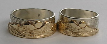 Appliqued Mountain Rings - MnRAp19 - 14k yellow Gold on 14k white Gold with small Sun - with Mountain Stream flowing