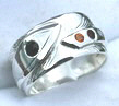 4-Directions Stone Rings - 4DrSt4a silver on silver with Onyx on feather and stem with Citrine,Red Coral and Diamond