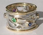 Platinum Rings - PlrSt1 - Family Tree ring with 2mm stones in Platinum and gold ribs Sapphire Emerald Topaz Amethyst AquaMarine