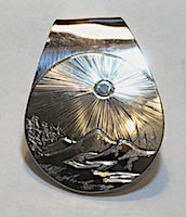 Mountain scene trees river silver pendant