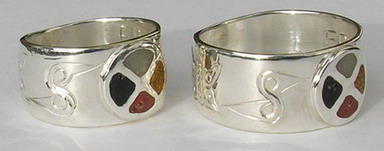 Inlay-Medicine Wheel Rings - MdrStCh14- Silver on silver with Medicine wheel, Butterfly, Hummingbird and Wolf