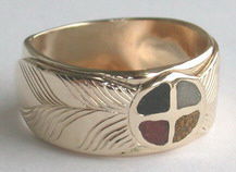 Inlay-Medicine Wheel Rings - MdrStCh7 - Medicine Wheel Gold on gold single feathers-Onyx, Mamoth tooth, Coral and Jasper
