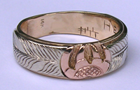 Gold Bird Feathers Stones Rings - RbfSt24g - 7mm thin bands white on yellow gold with rose gold paw