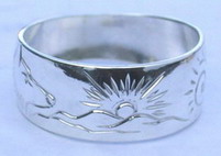 4-Direction Silver Rings - 4DS24a - Mountains, Spiral of Life, Sun, 8 pointed Sioux Star and Wolf head